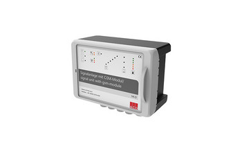 Rektangulär låda med vit display och röd logotyp.