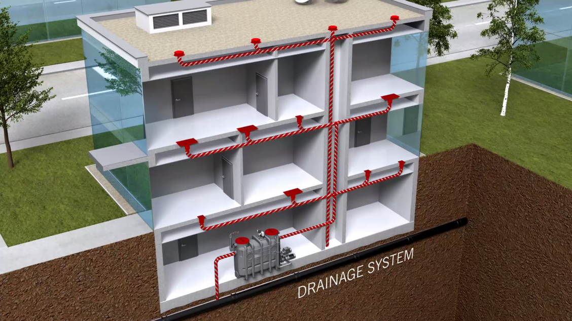 En 3D-rendering av en byggnad som visar vad som är gräs och jord.