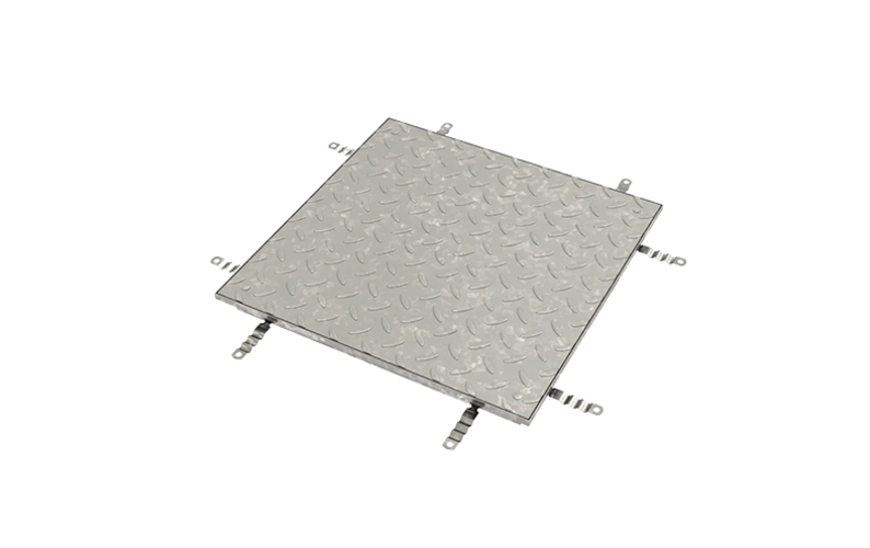 Stålfärgad och räfflad kvadratisk golvplatta med sidofästen