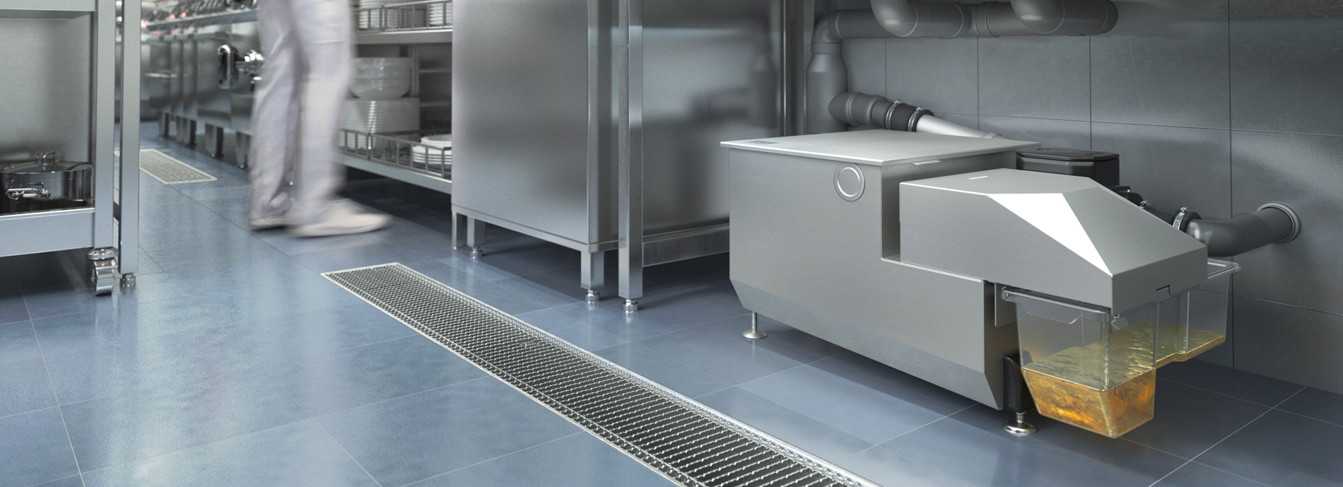 Storkök med rostfri golvränna och fettfälla med behållare.