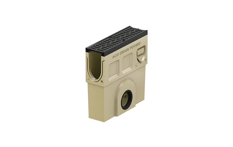 Djup beige markränna med svart sargkant och sidoutlopp.