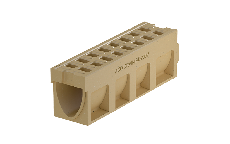Beige monolitisk markränna med små hål på ovansidan.