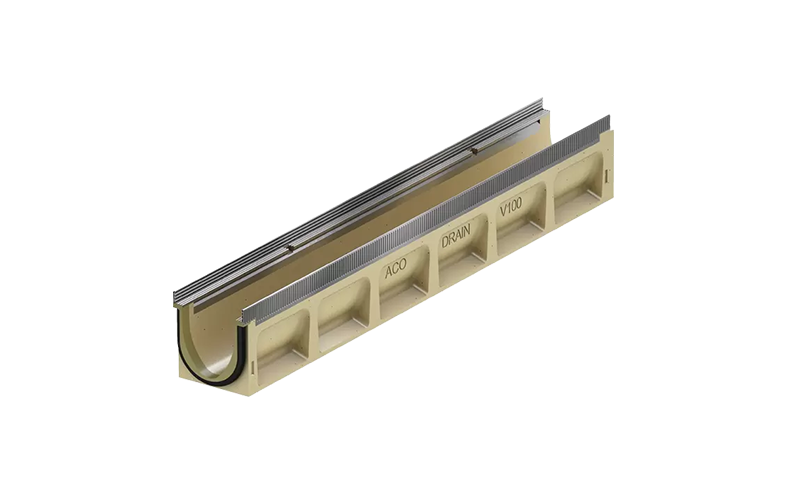 Beige markränna med metallfärgad sargkant och svart gummitätning.