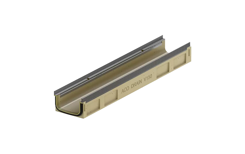 Beige låg markränna med metallfärgad sargkant.