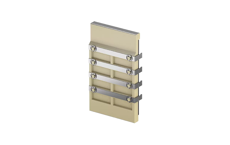 Rektangulär beige platta med fyra horisontella metallfästen.