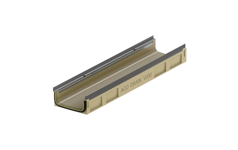 Beige låg markränna med metallfärgad sargkant.