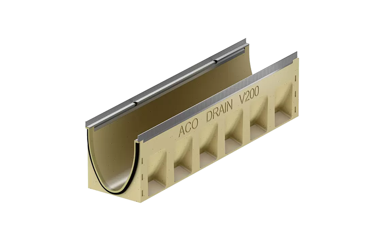 Beige markränna med metallfärgad sargkant och svart gummitätning.