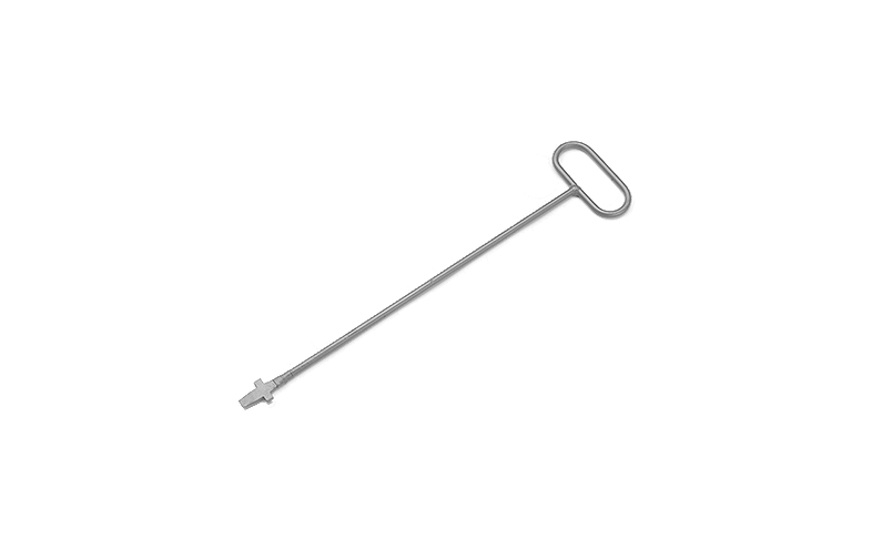 Metallfärgad pinne med nyckel och ovalt handtag.