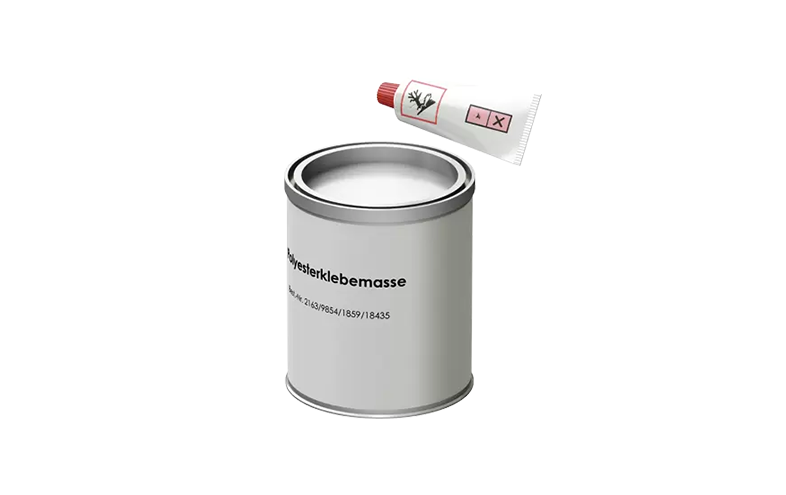 Vit burk med plåtlock samt vit tub med grå och röd text på framsidan.