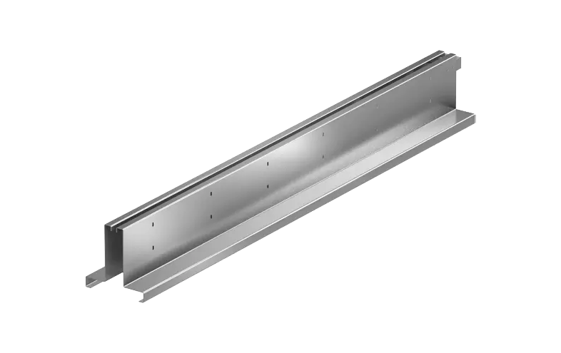 Två spegelvända metallskenor i L-form med en bred öppning i mitten.