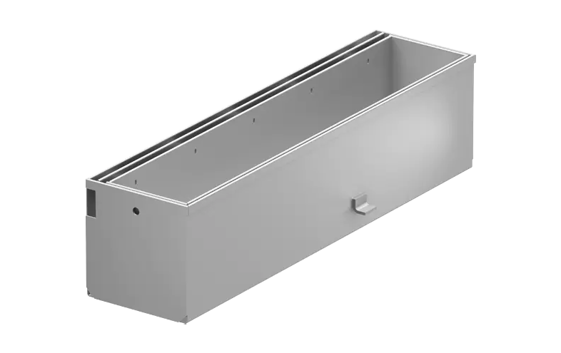 En rektangulär öppen låda av metall med dubbla spår till vänster.