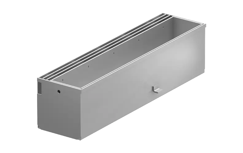 En rektangulär öppen låda av metall med trippla spår till vänster.