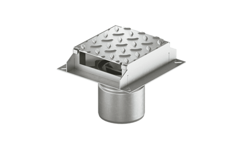 Silverfärgad brunn med lock och bottenutlopp.