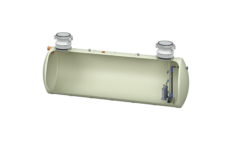 Horisontell gul glasfibertank med två brunnslock.