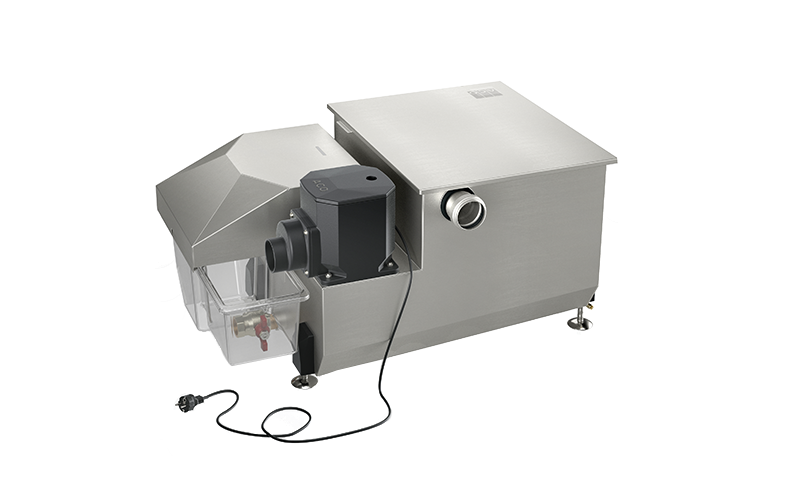 Metallfärgad rektangulär låda med svart lock, behållare och kabel.