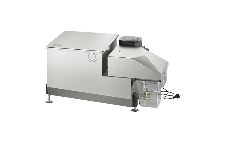 Metallfärgad rektangulär låda med svart lock, behållare och kabel.