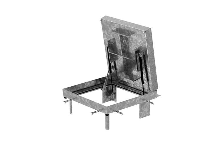 Stålfärgad kvadratisk golvram med metallucka.