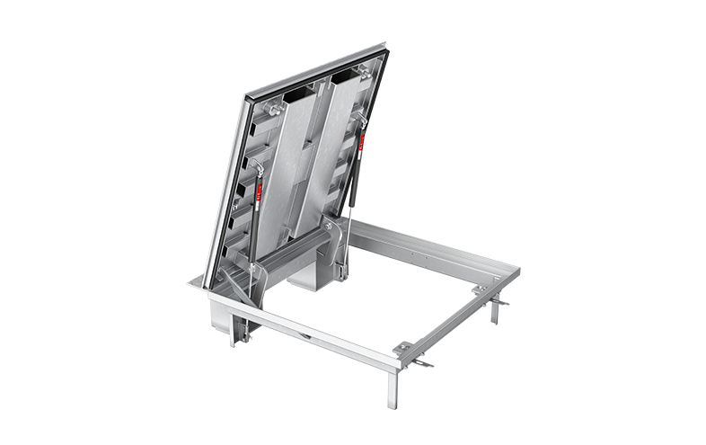 Stålfärgad kvadratisk golvram med metallucka.