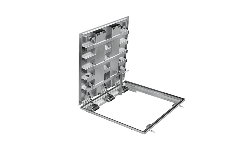 Stålfärgad kvadratisk golvram med metallucka.