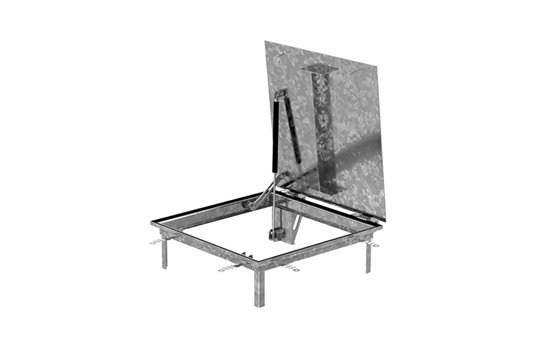 Stålfärgad kvadratisk golvram med metallucka.