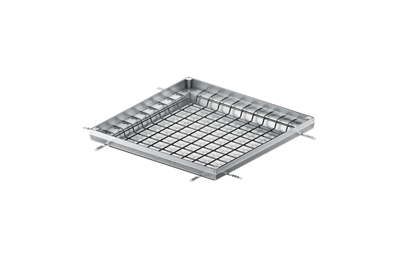 Stålfärgad kvadratisk golvram med metallnät.