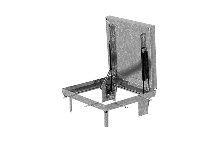 Stålfärgad kvadratisk golvram med metallucka.