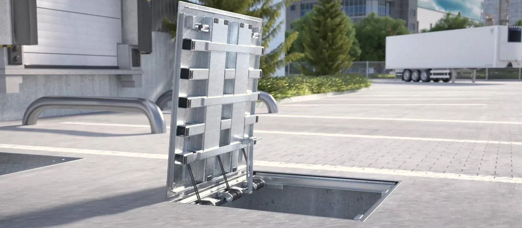 Öppen marklucka på stor parkeringsplats.