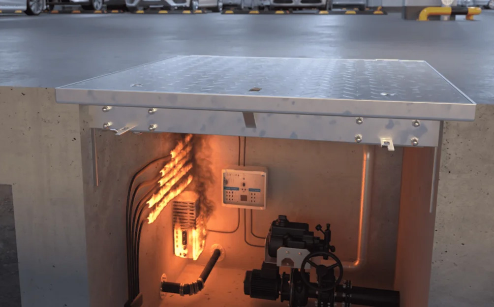 Mark- och golvlucka i genomskärning med eldslåga nedanför.