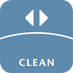 Blå kvadrat med pilar och vit text – Clean.